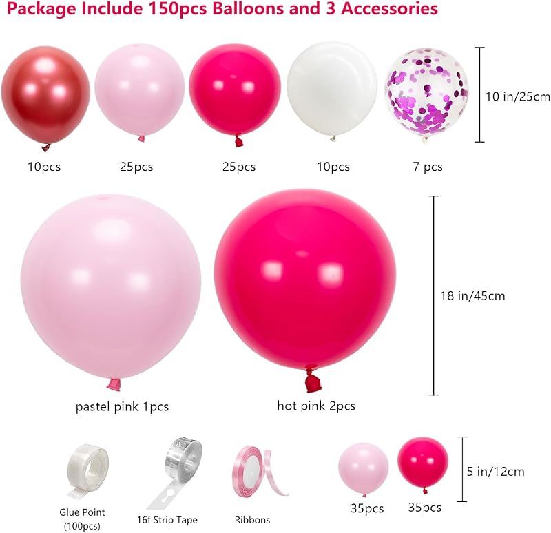 Kit arco globos rosa intenso y blanco para cumpleaños y fiestas