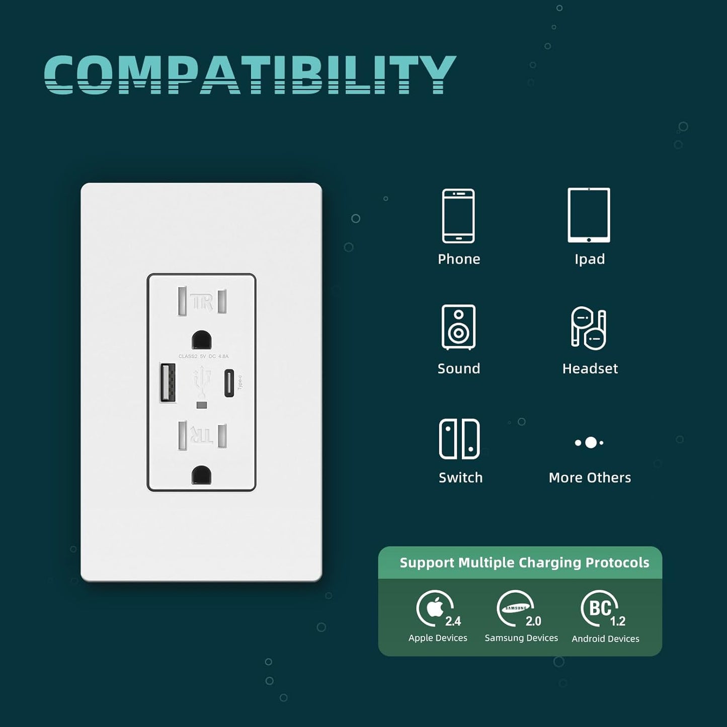 Cargador pared USB 4.8A con puertos USB C/A 15A blanco set 4
