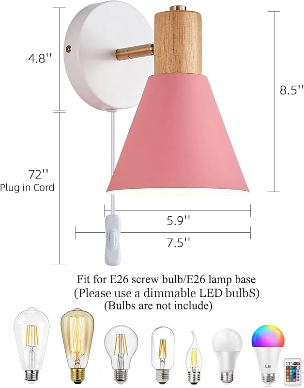 2 Lámparas Pared Madera con Enchufe Industrial Rosa