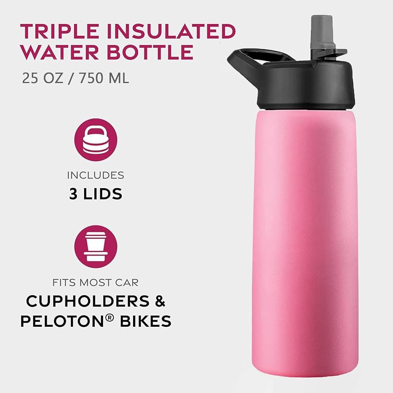 Botella agua acero inox 25oz con popote 3 tapas a prueba de fugas