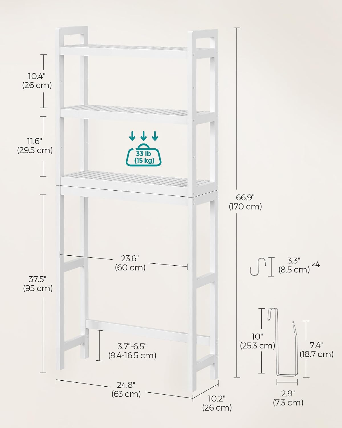 Organiz. baño sobre inodoro 3 niveles 10x25x67" blanco