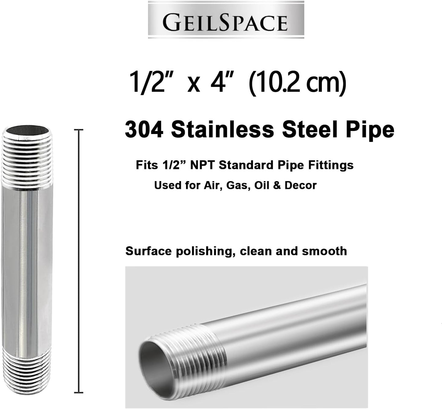 Tubo acero inox 1/2x4 pulg boquilla 304 para tuberías 2 pzas