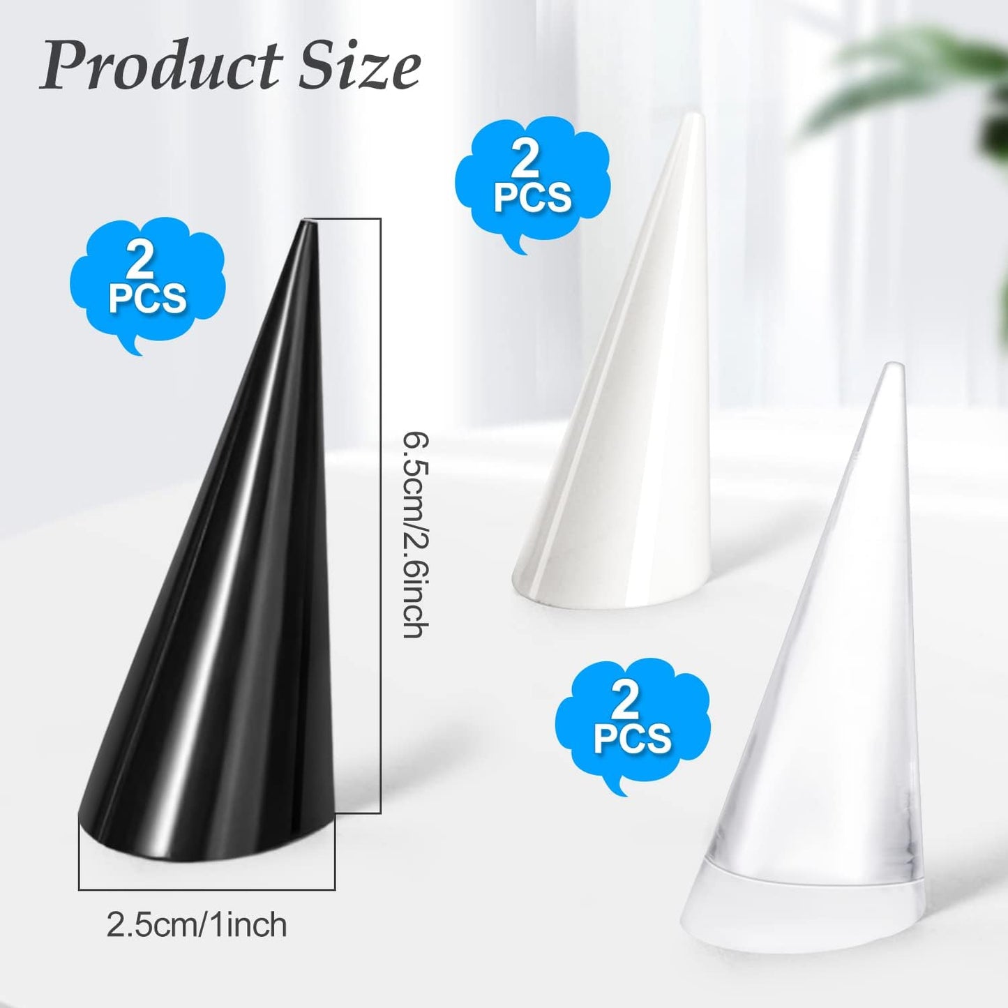 6 Pzas Soporte Anillo Acrílico Cono Joyas Negro Blanco