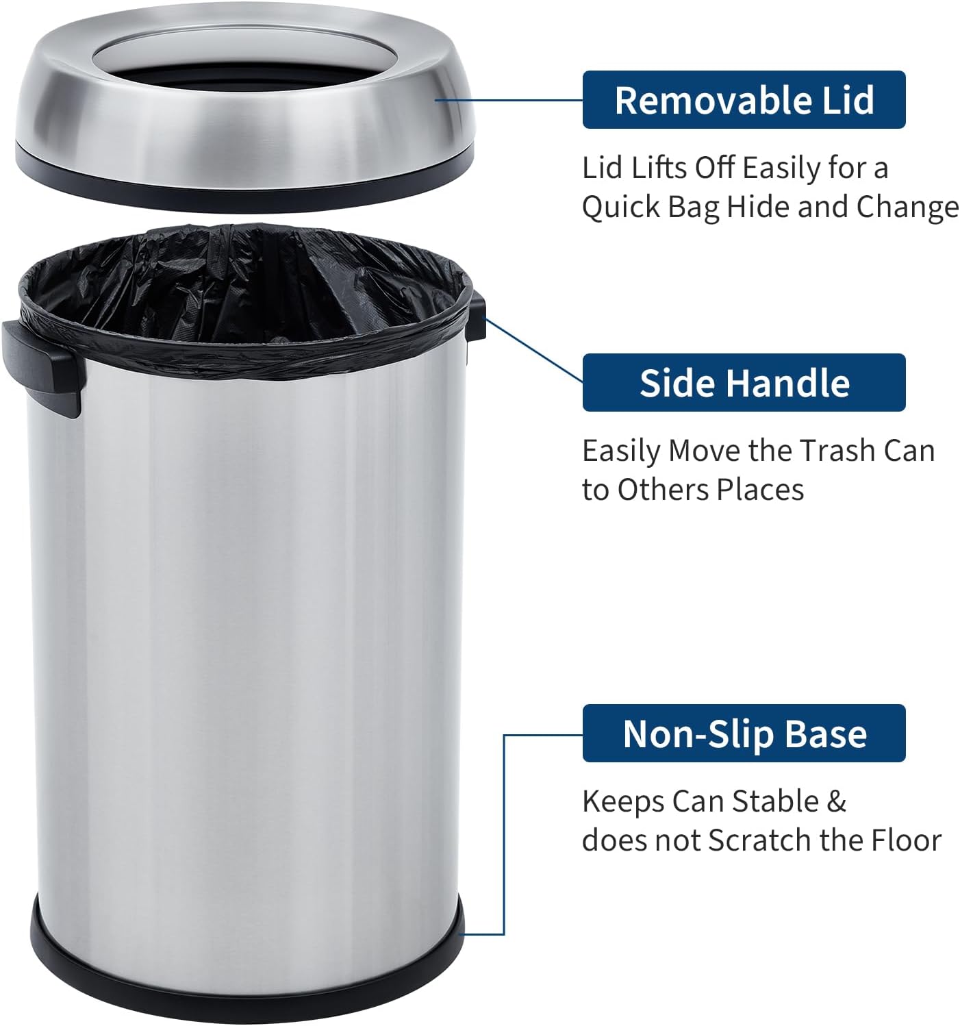 Cubo basura acero inox 17gal redondo resistente plateado