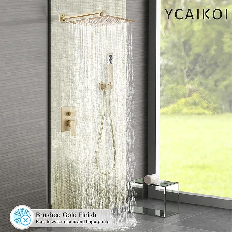 Set grifo ducha pared 12" lluvia teleducha dorado