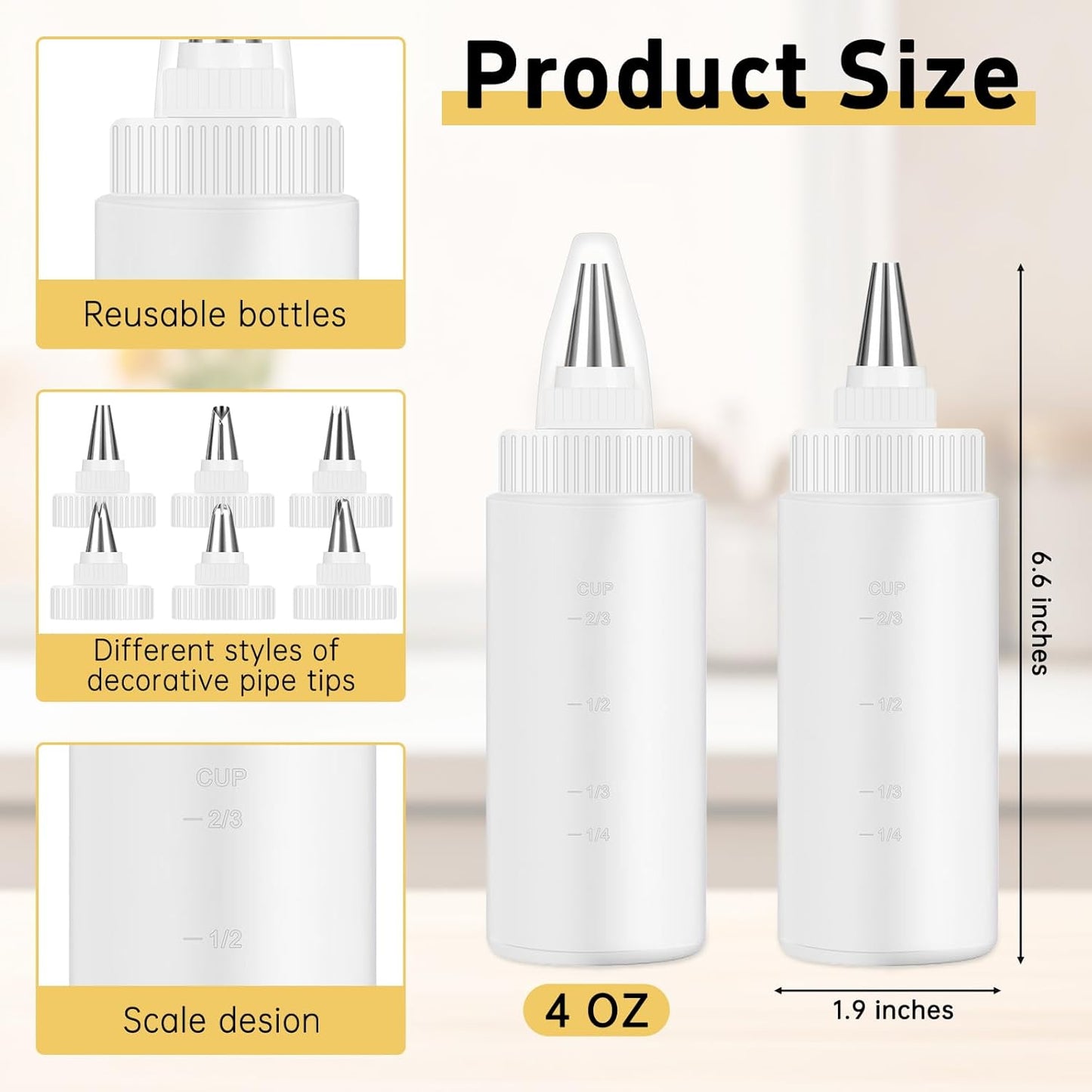 6 Botellas Glaseado 4oz Con 6 Puntas Tubo