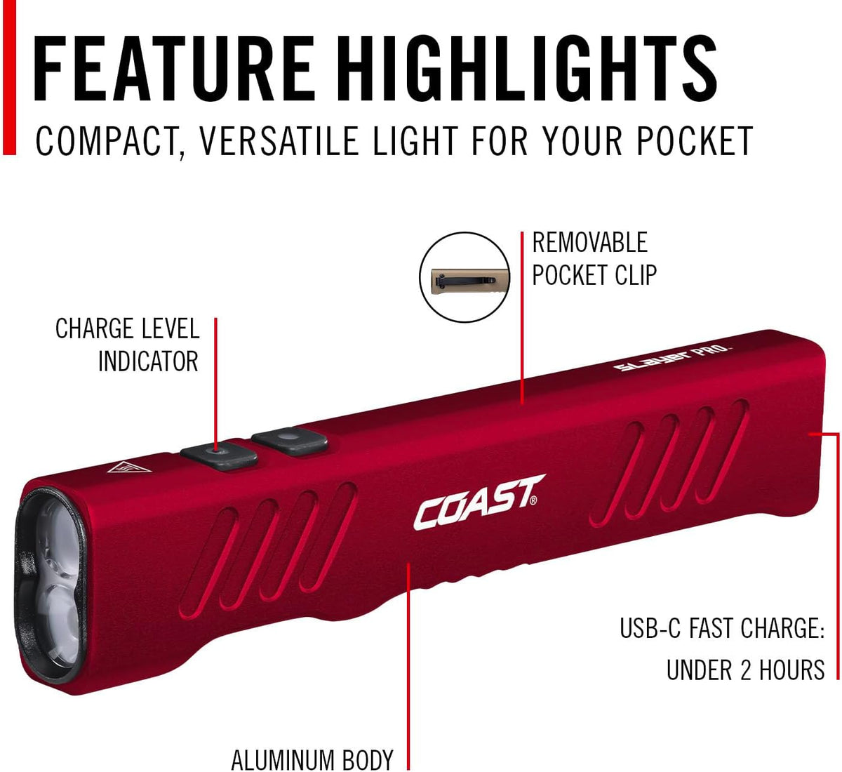Linterna LED USB-C 1150 lúmenes modo memoria color rojo