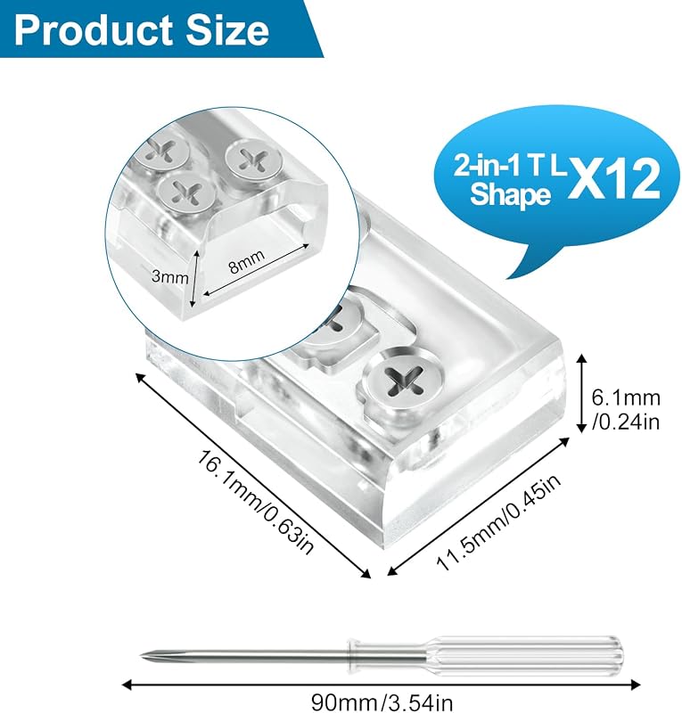 12 Conectores T y L LED 8mm sin soldadura transparentes