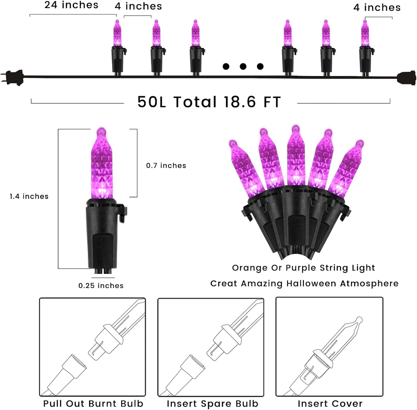 Guirnalda LED moradas 50 bombillas 18.6ft impermeables