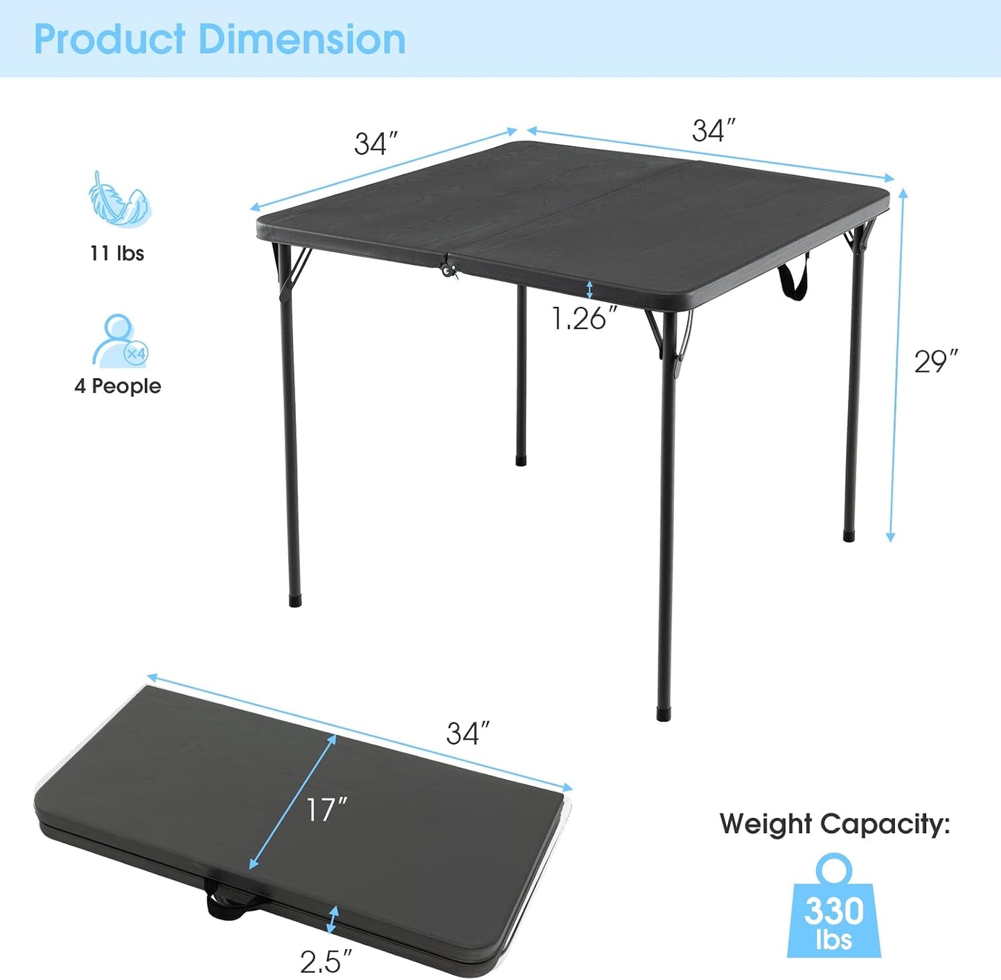 Mesa plegable cuadrada 34pulg plástico gris para picnic