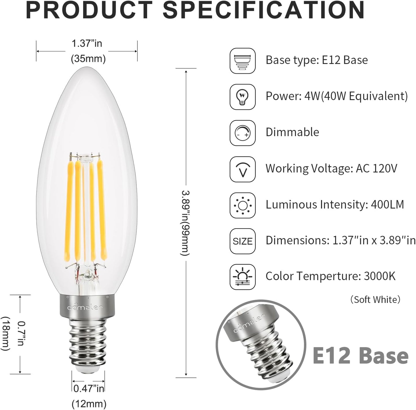 10 Pzas B11 LED E12 3000K Blanca Térmica Velas