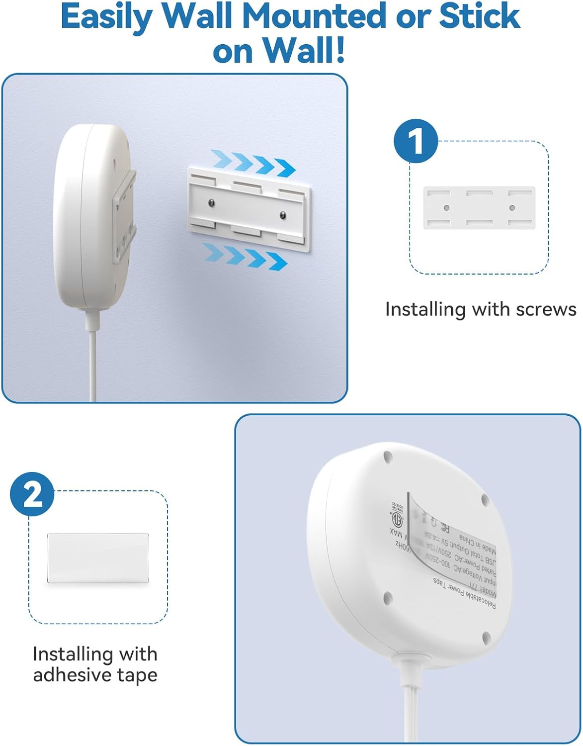 Relocador toma corriente adhesivo 5ft 3 salidas CA 4 USB 24W