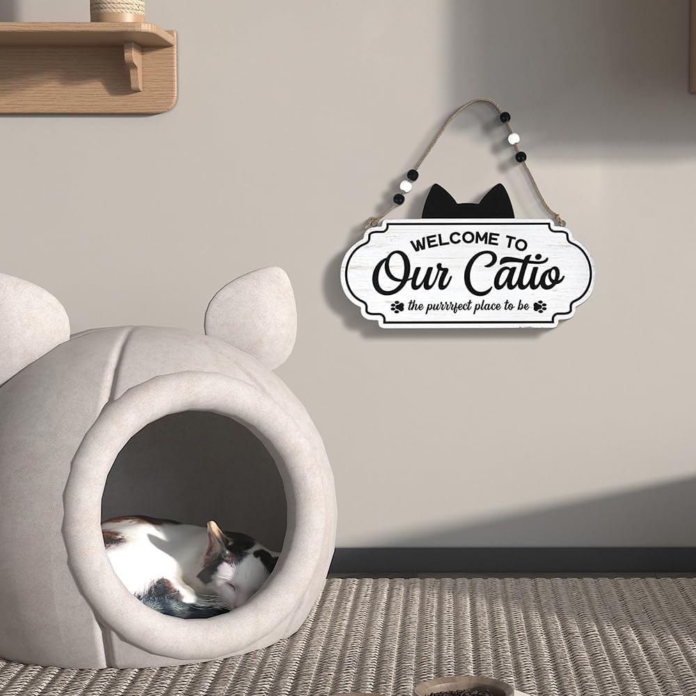 Letrero gato puerta delantera madera texto Welcome