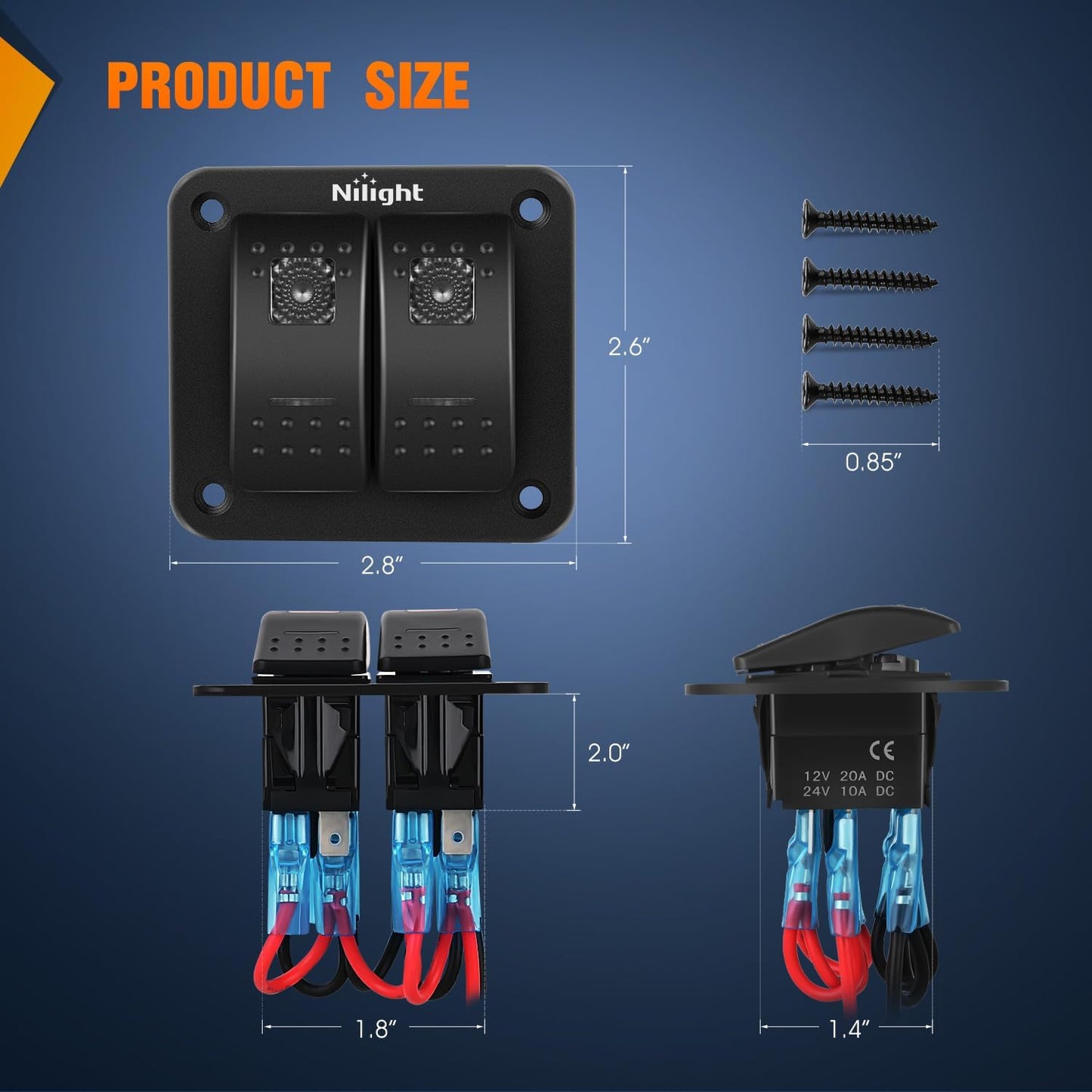 Panel interruptor basculante 2 pos con luz led morada 12v/24v