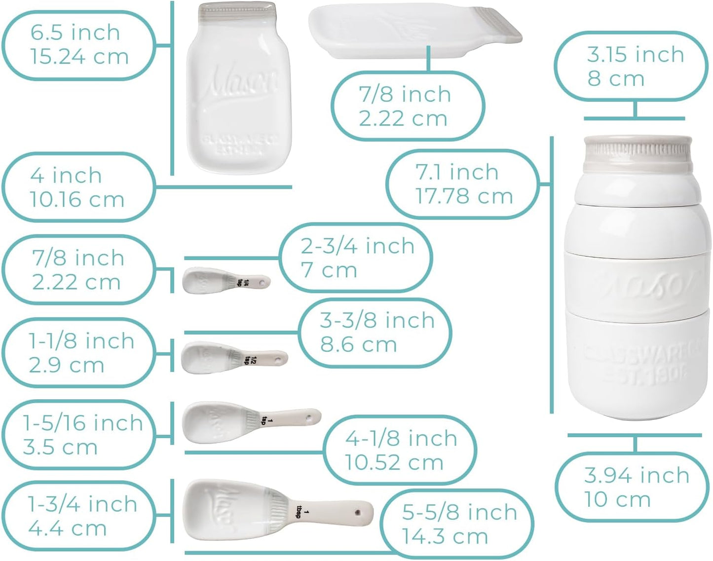 Utensilios cocina cerámica blanca 4 tazas y cucharas medidoras