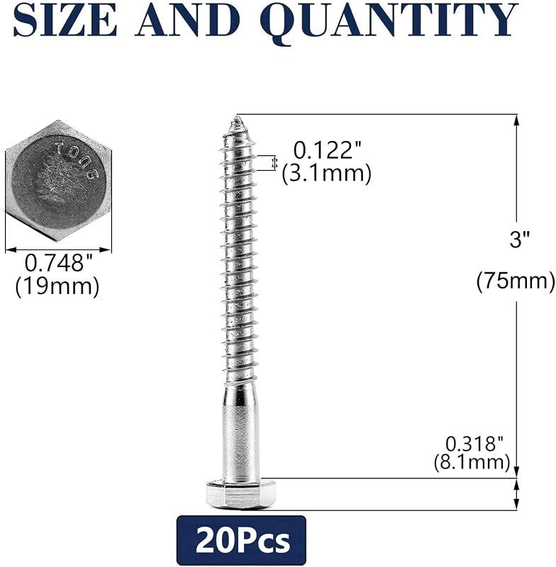 Tornillos hex 1/2x3" acero inox 304 18-8 para madera