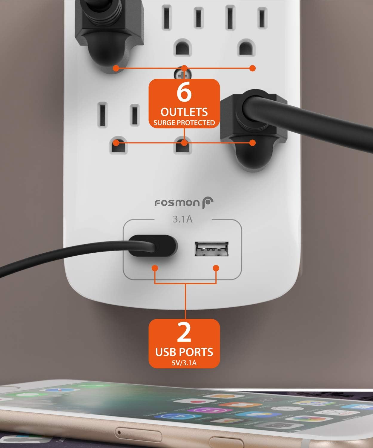 Protector sobretensiones 6 tomas 1200J 2 USB 1875W con tierra