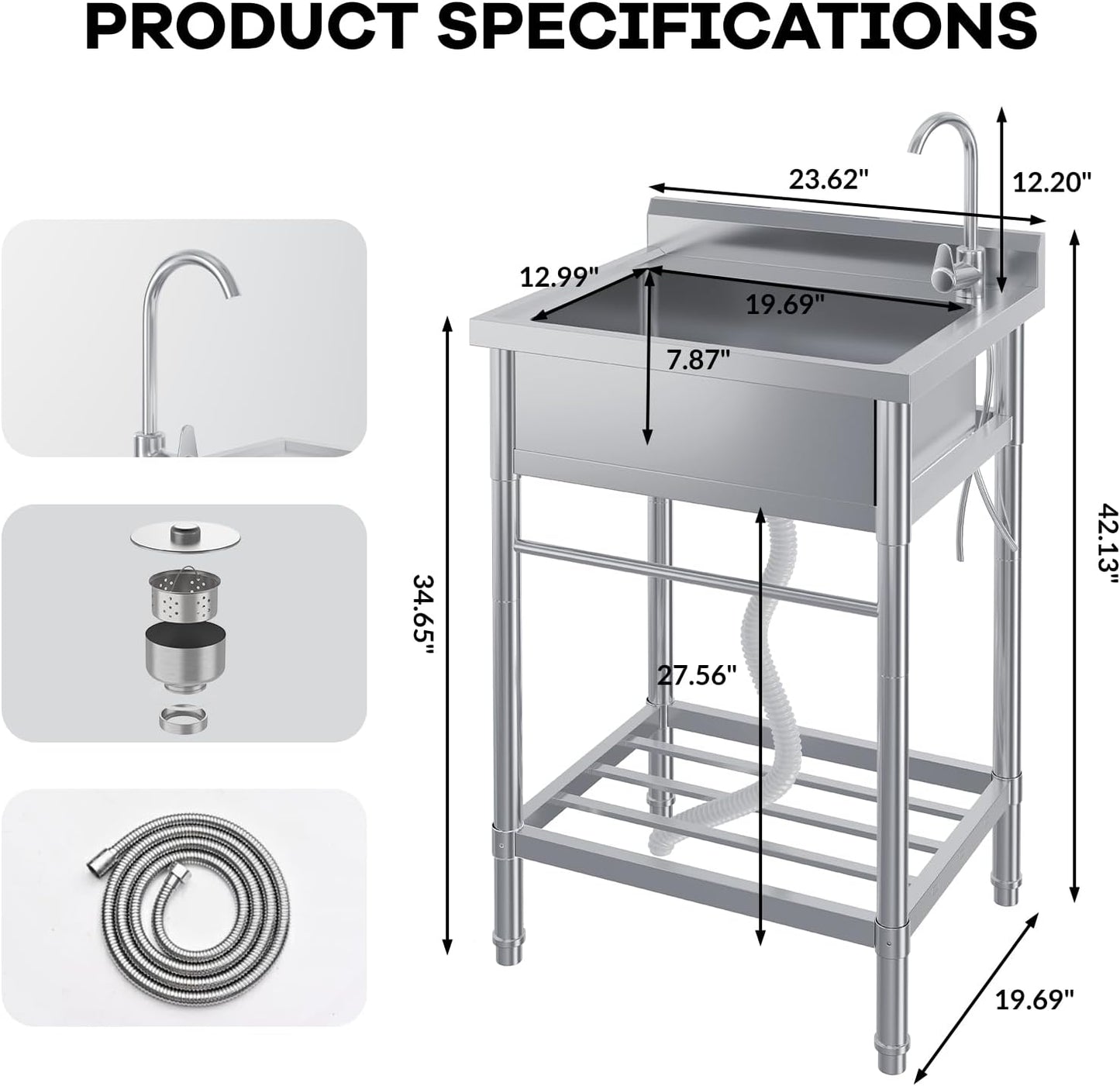 Fregadero acero inox 24x20x41pulg independiente con grifo
