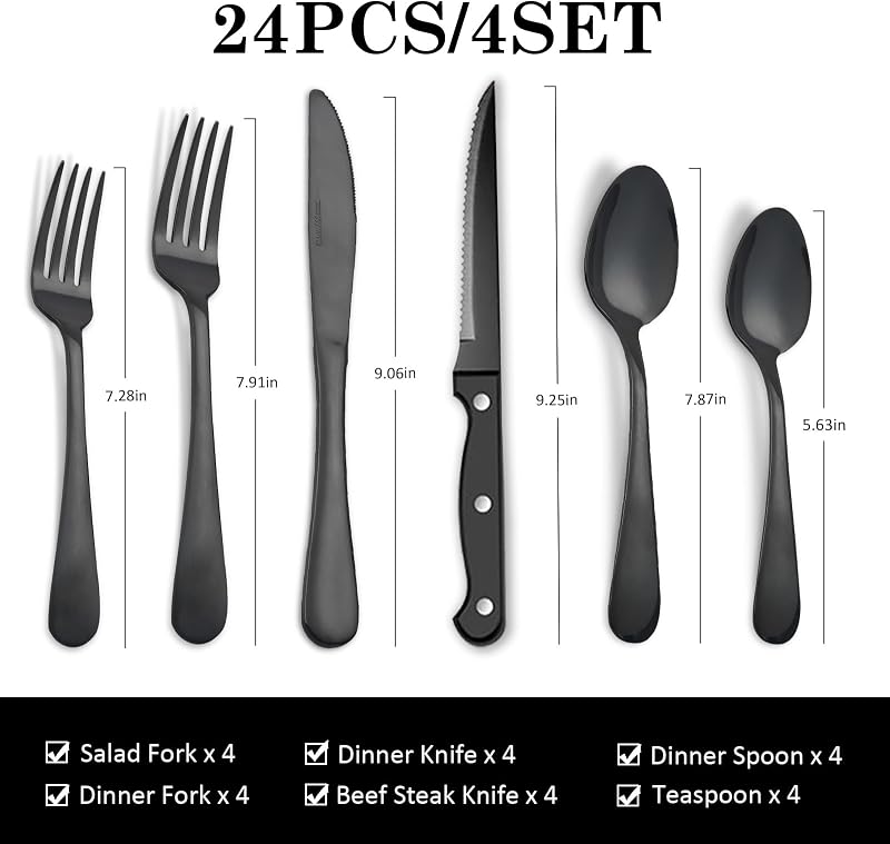 Set 24 Pzas Cubiertos Acero Inox Negro Pulido Espejo