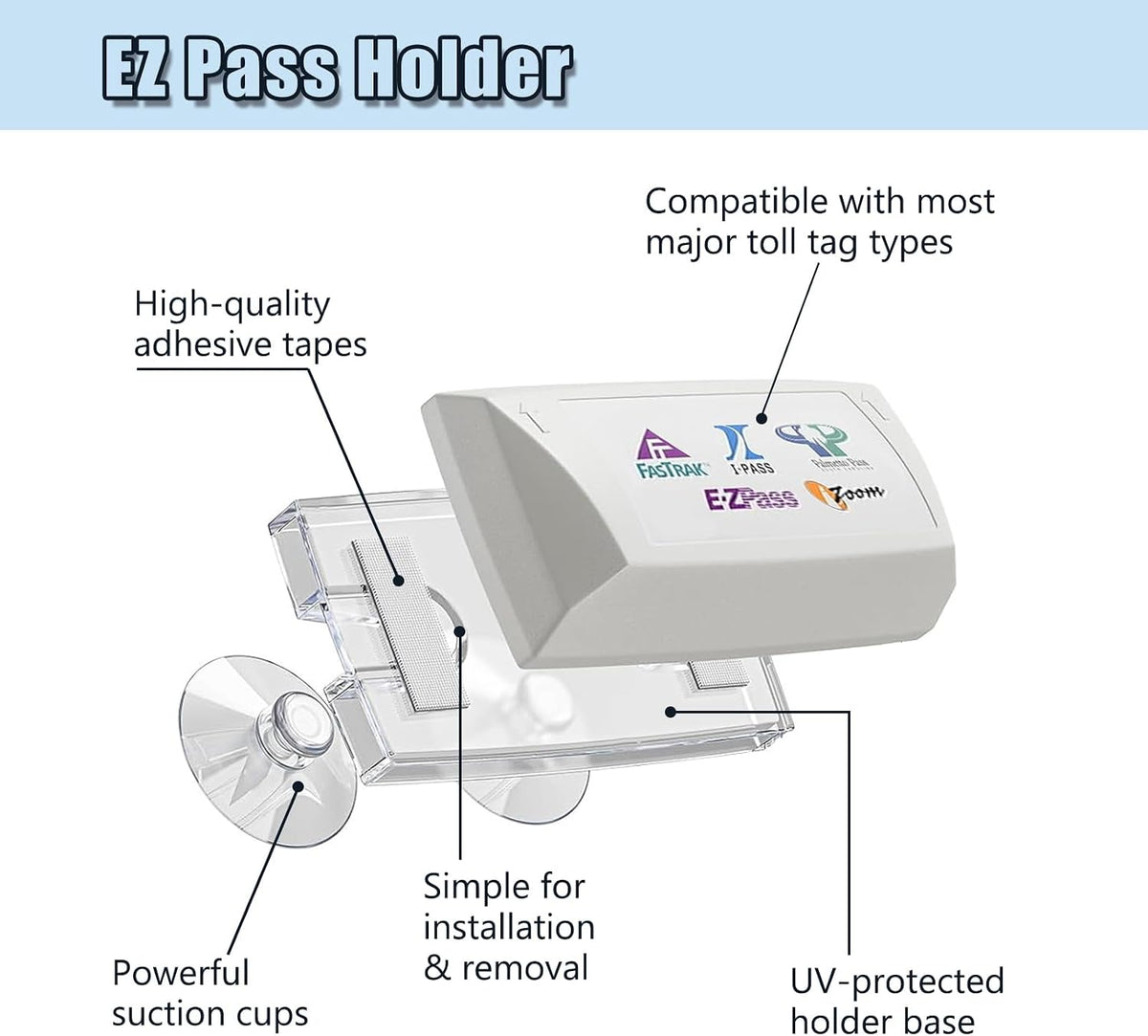 Soporte Ez Pass parabrisas UV resistente 4 tiras ventosas