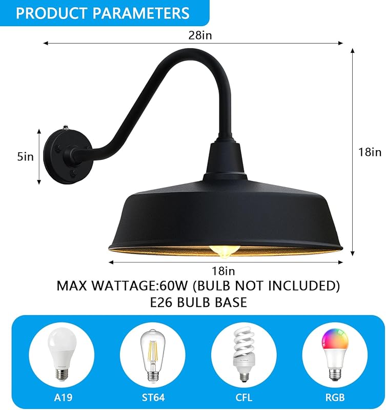 Lámpara granero cuello cisne 18pulg exterior rústica