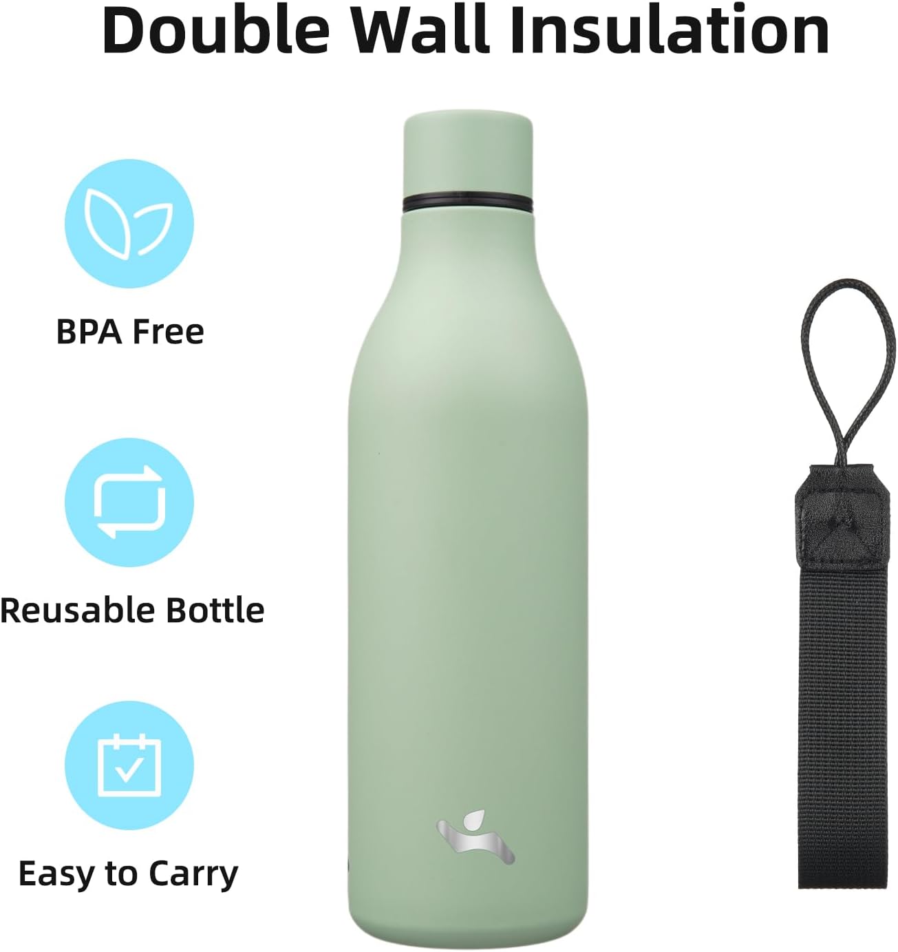 Botella agua aislada acero inox 25oz correa verde