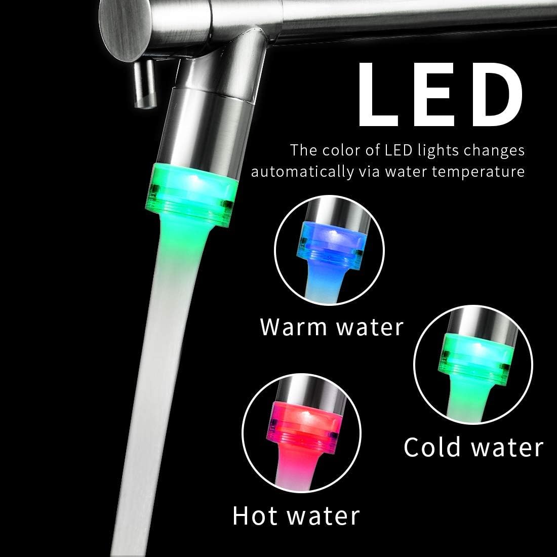 Grifo cocina LED con pulverizador y dispensador jabón níquel
