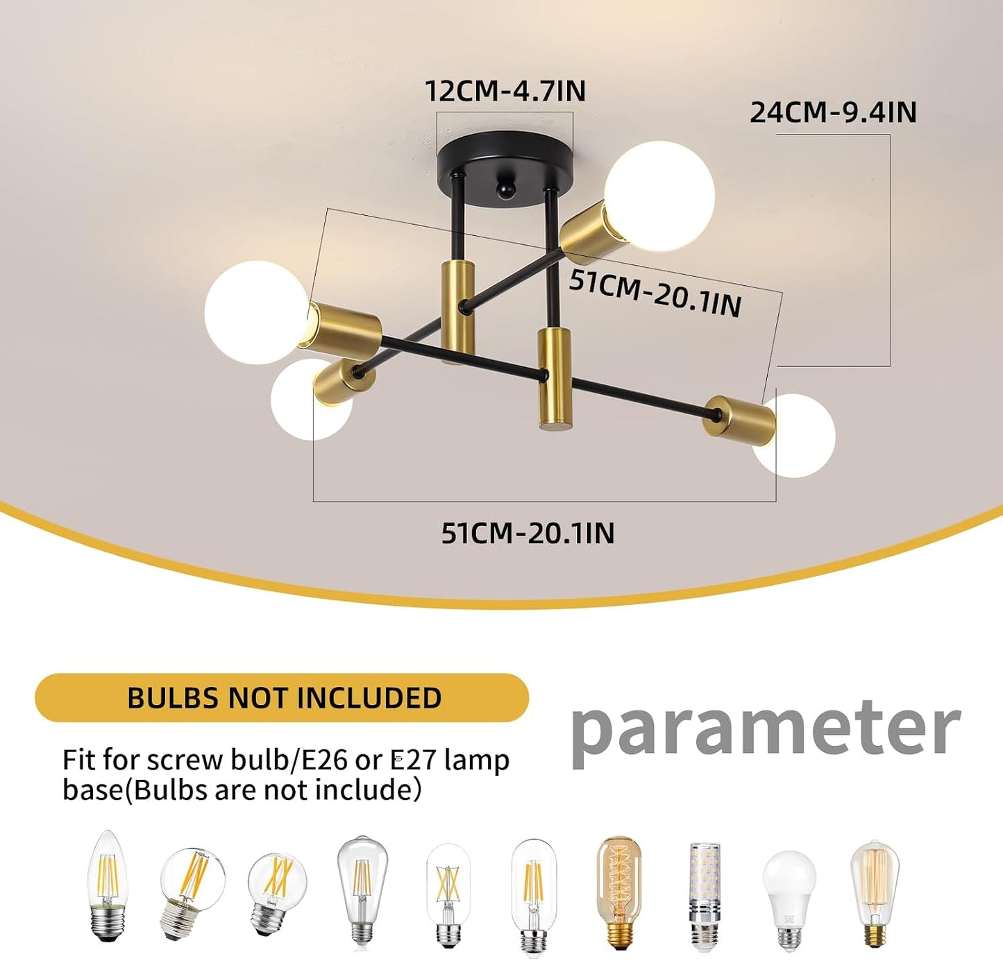 Lámpara techo sputnik 4 luces dorado y negro moderna