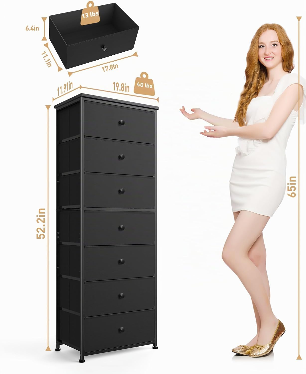 Cómoda alta tela 7 cajones almacenamiento vertical