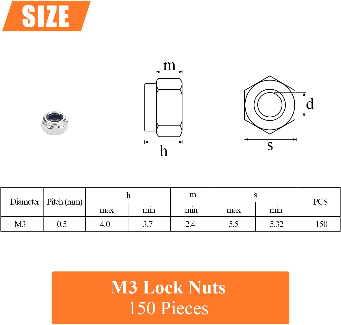 150 Tuercas Hexagonales M3 Acero Inox 304 Rosca Gruesa