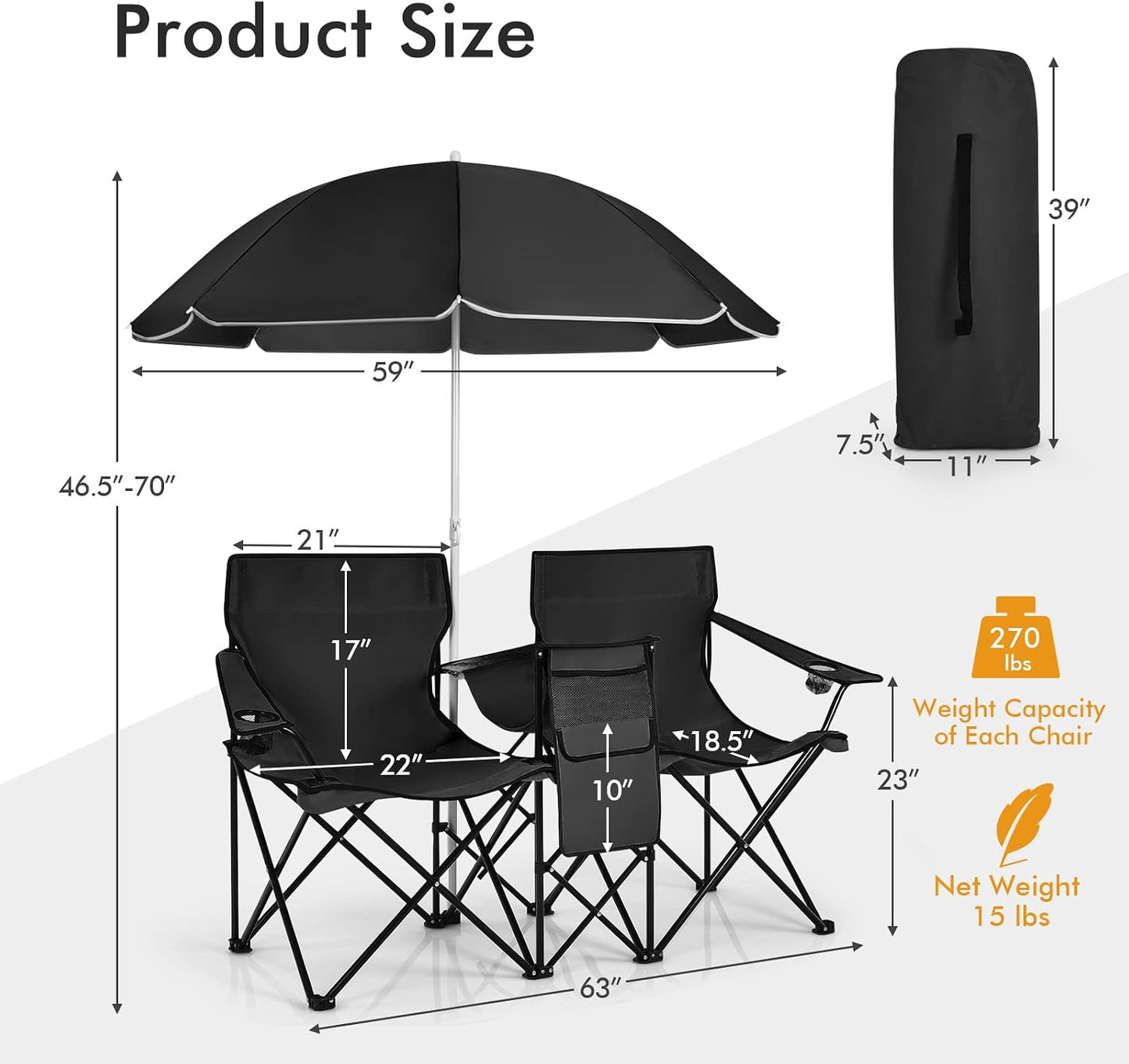 Silla campamento doble plegable con paraguas y portavasos