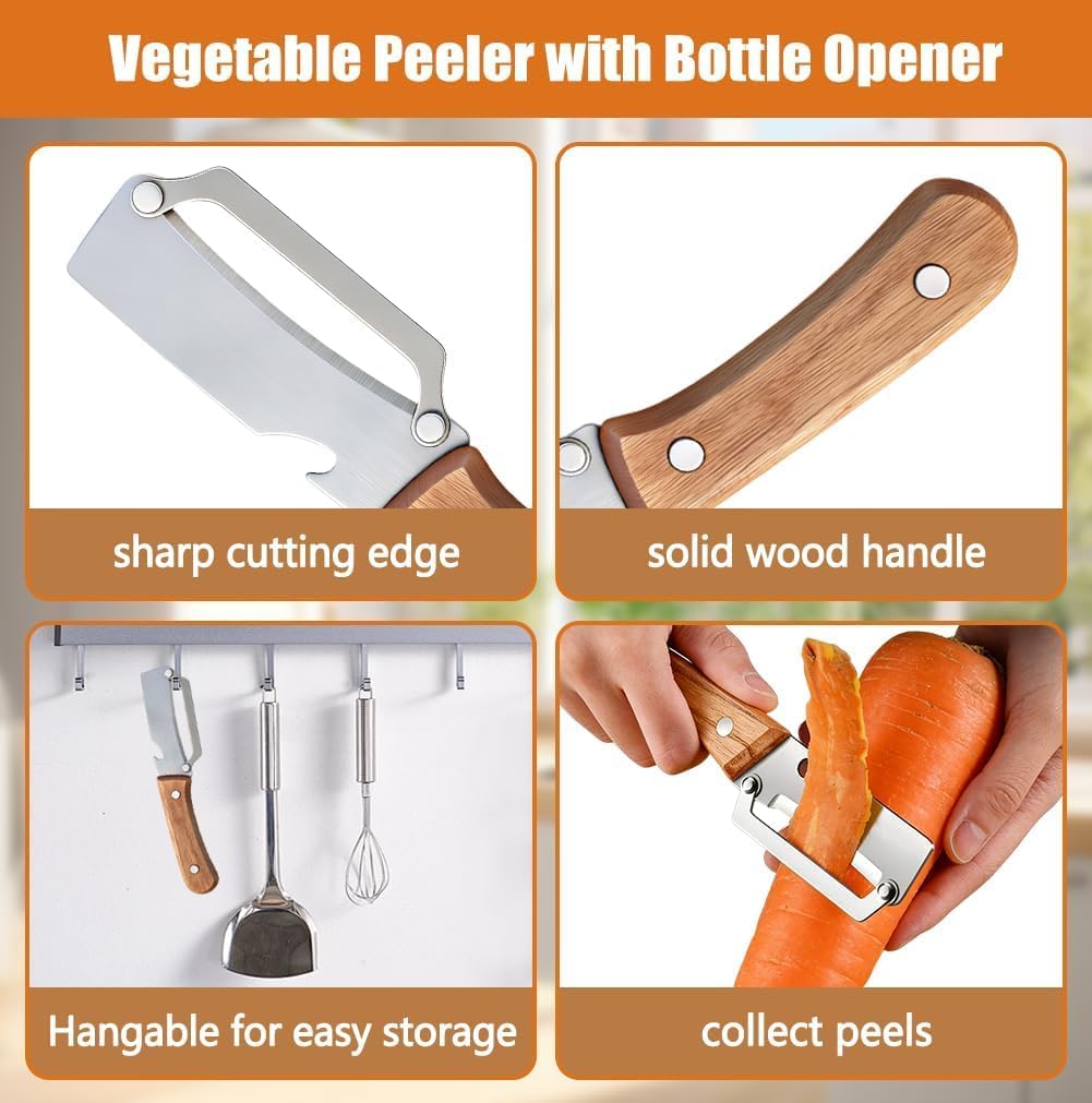 Pelador 2en1 acero inox mango madera abridor botellas