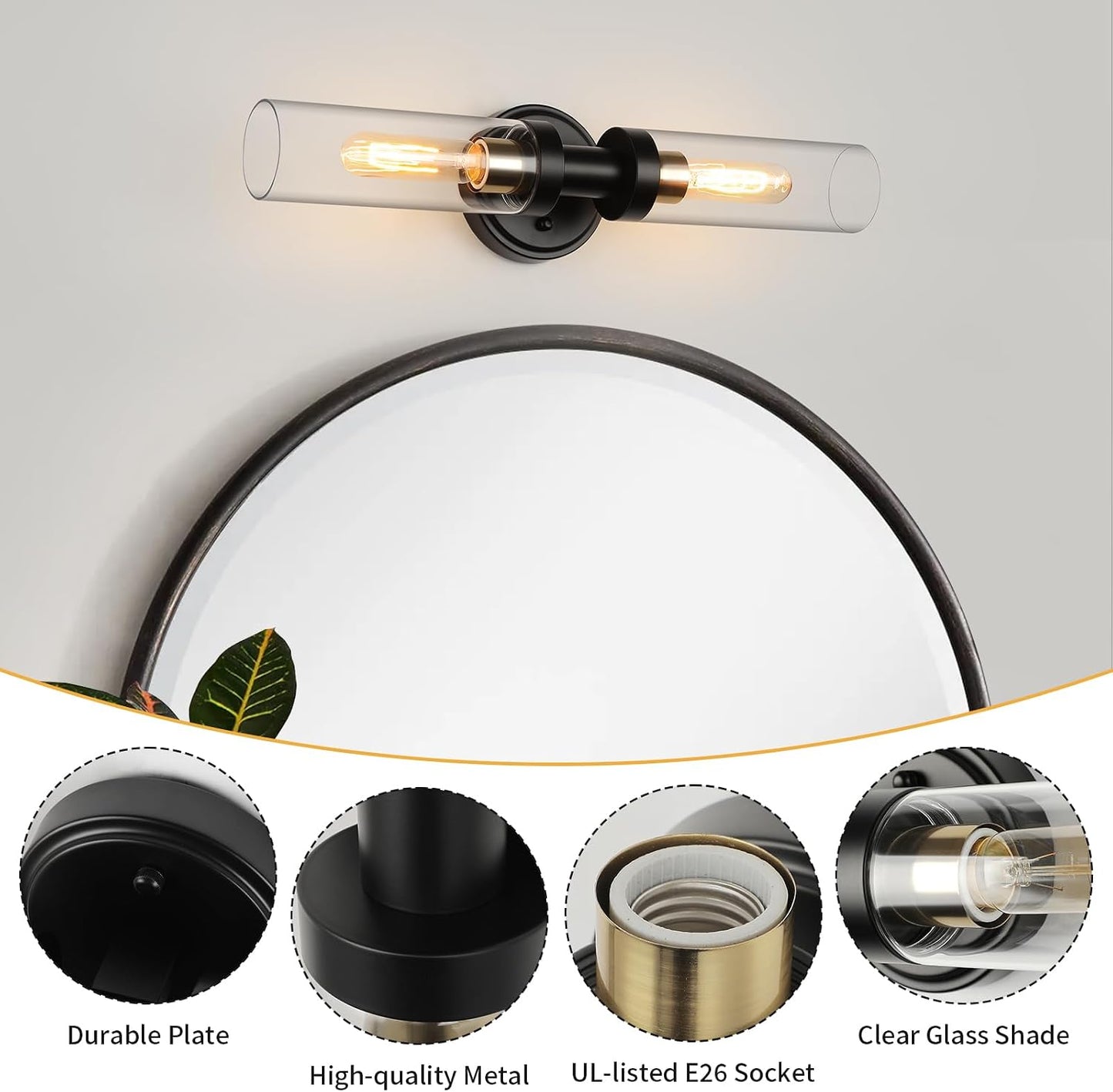Lámpara tocador baño 2 luces modernas negras doradas