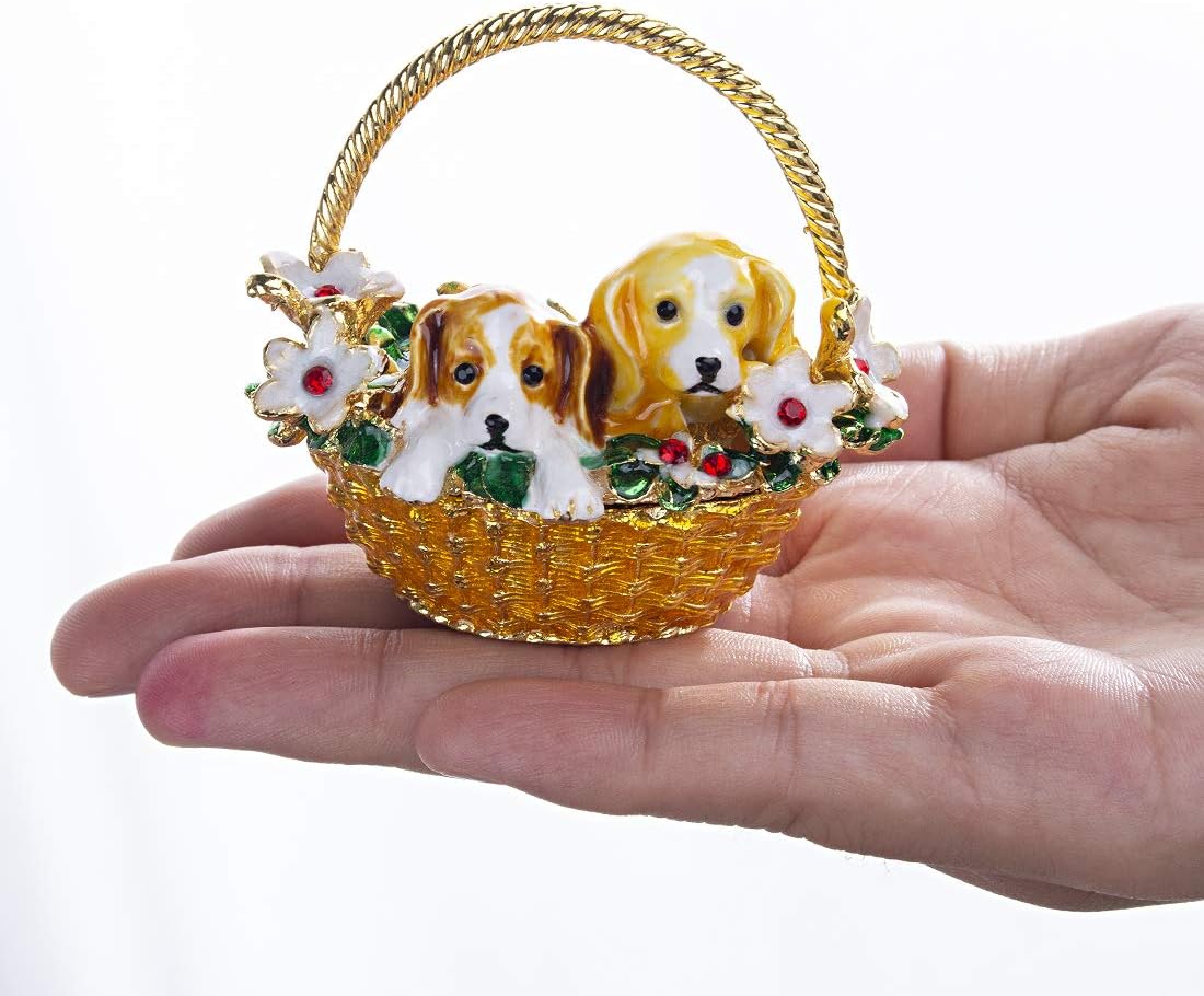 Caja baratijas con perrito en cesta de flores cristal
