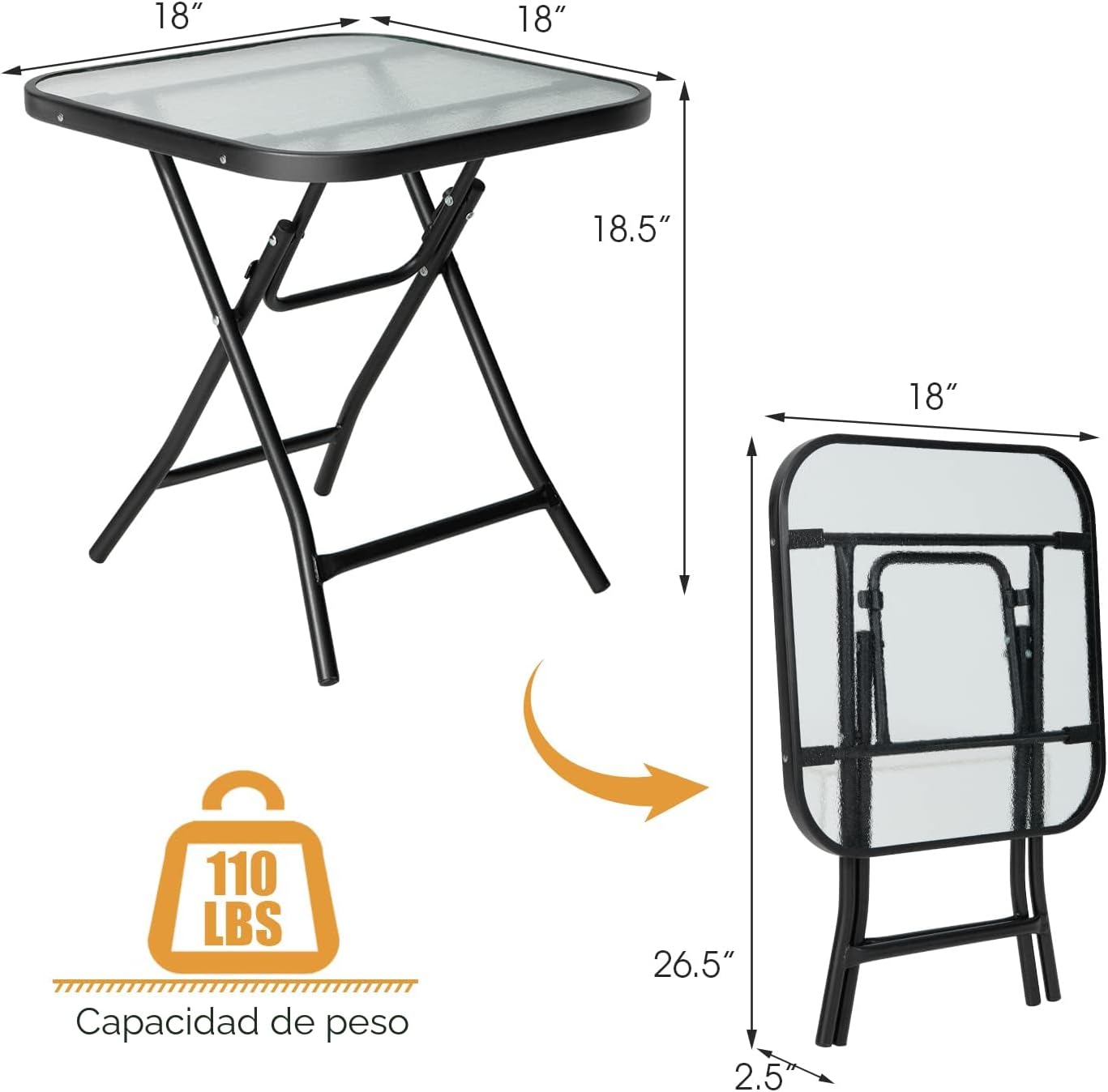 Mesa auxiliar plegable vidrio 18x18pulg uso interior