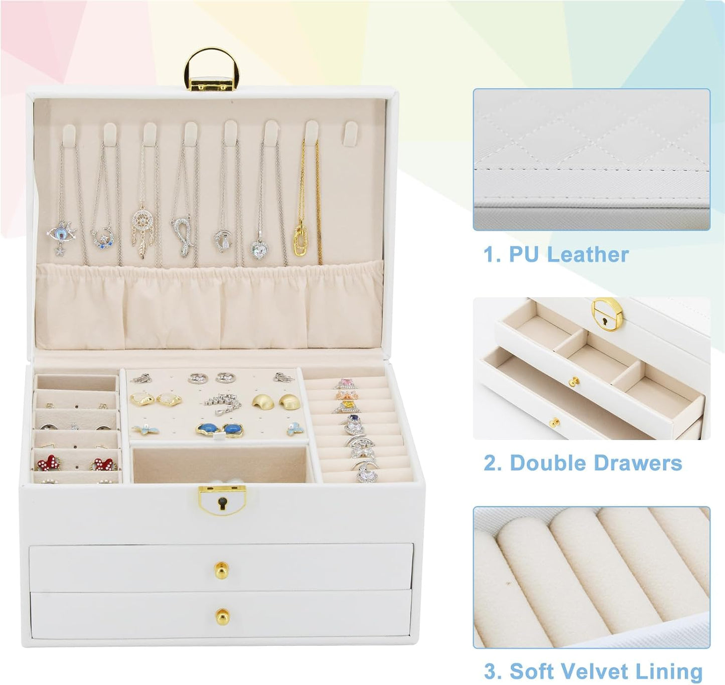 Caja joyas 3 capas cuero PU para aretes pulseras
