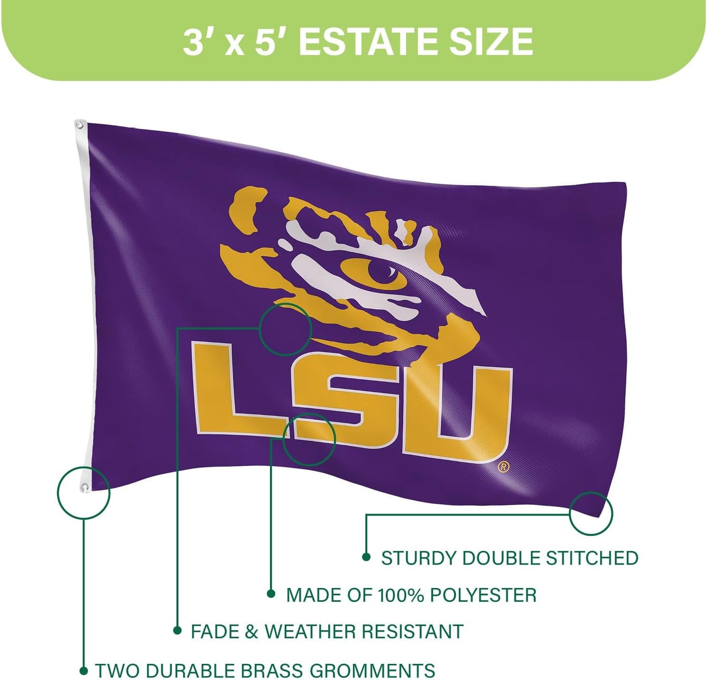Bandera NCAA LSU Tigers 3x5' con ojales para jardín y pared