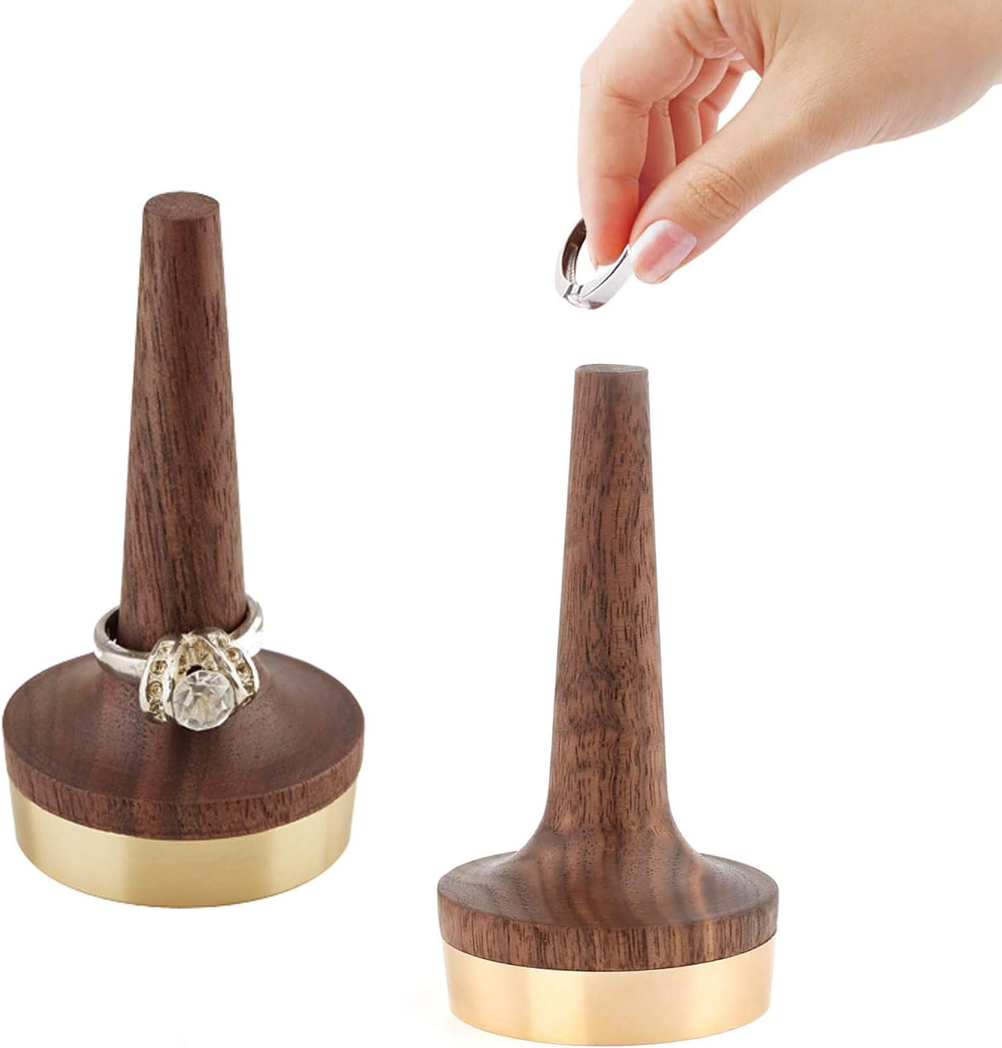 Soporte anillo madera nogal negro latón moderno