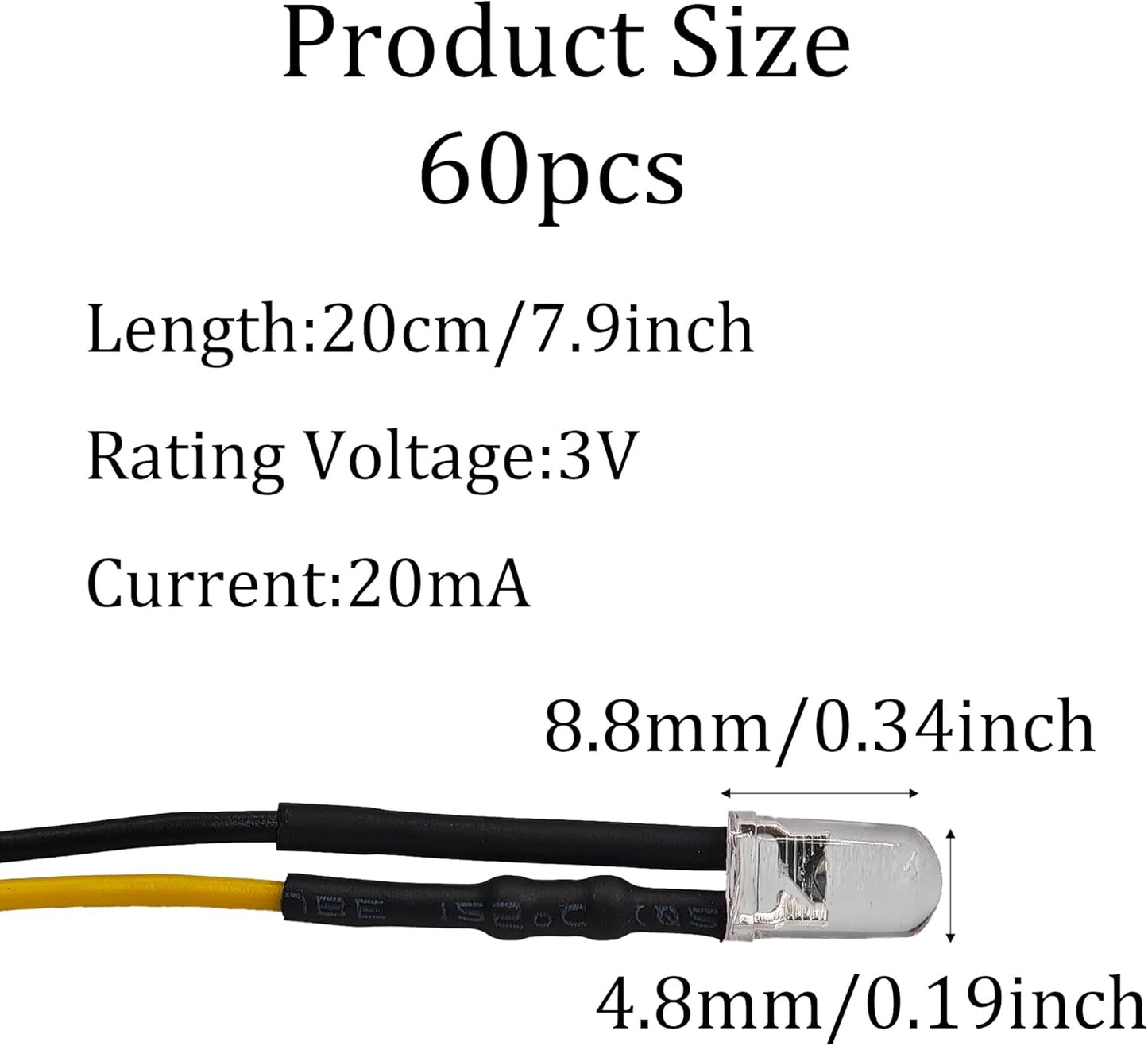 60 Lámparas LED 0.197pulg 12V CC con cable amarillo