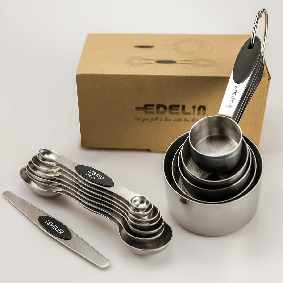Set 5 Tazas y 7 Cucharas Magnéticas Acero Inox Negro