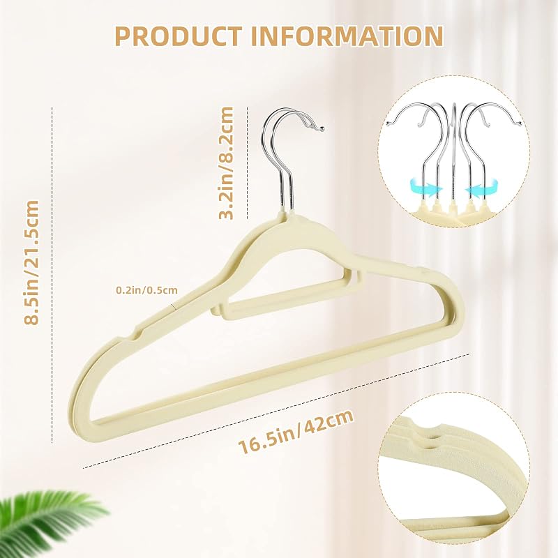 20 Perchas Terciopelo Antiderrap con Gancho Giratorio Beige