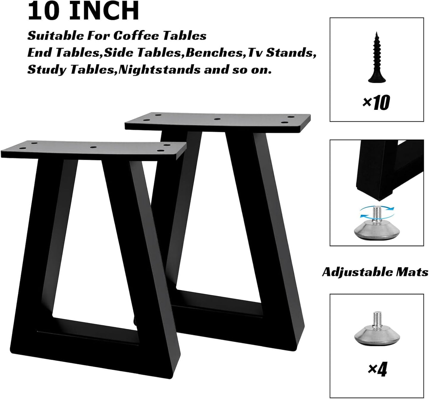 Patas mesa metal trapecio 10pulg negro tornillos almohadillas