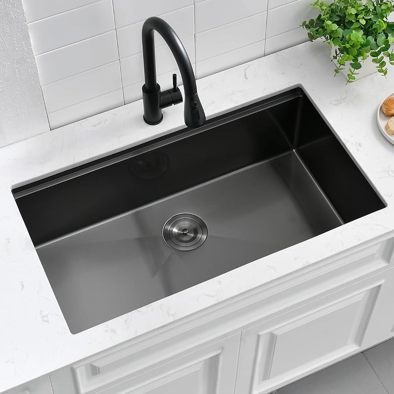 Fregadero cocina negro 36x19" acero inox con accesorios