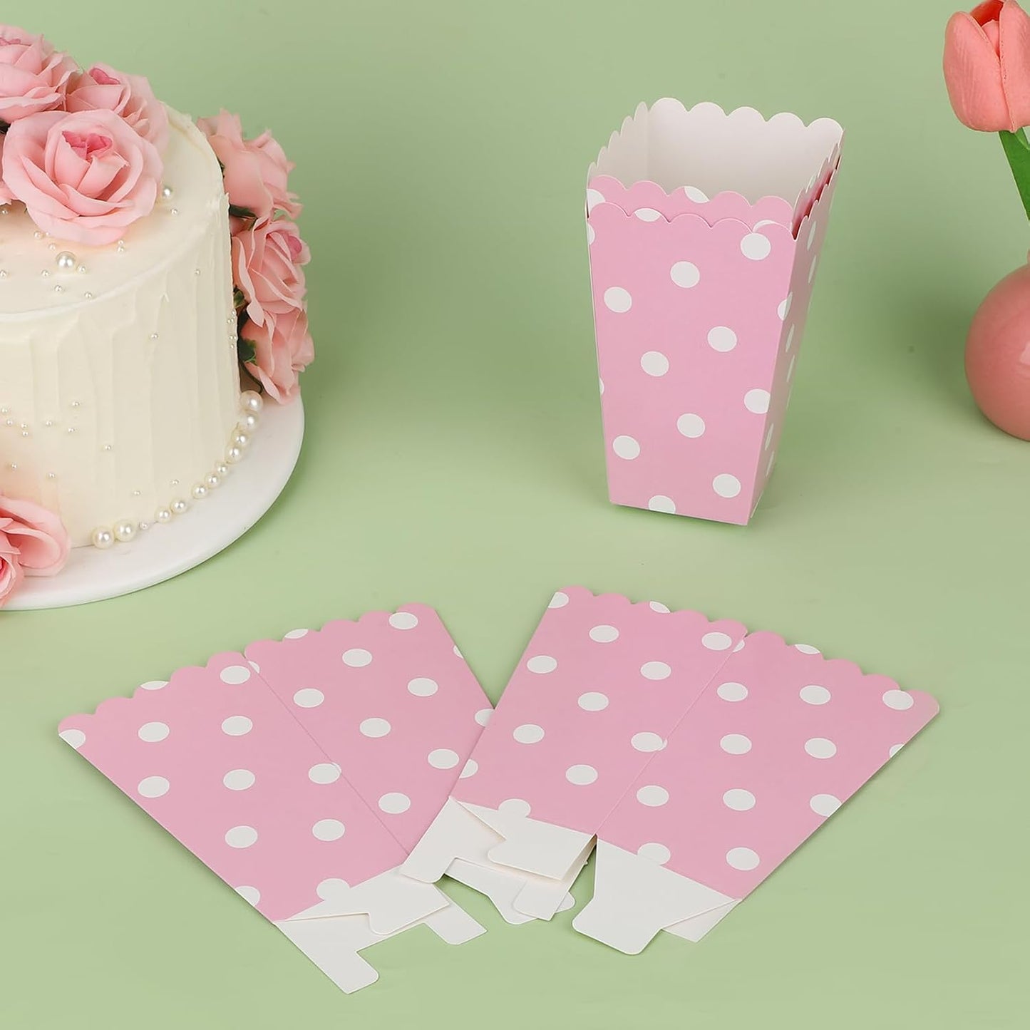 24 Cajas Palomitas Maíz Rosadas Mini Cubos Con Lunares Blancos