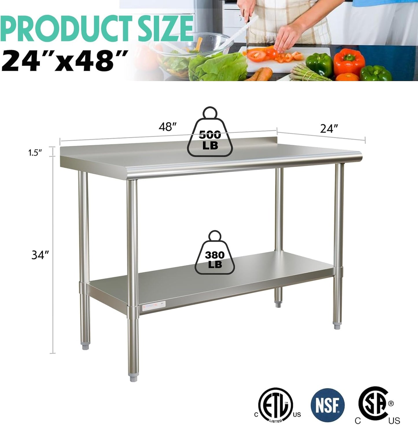 Mesa acero inox 48x24pulg con estante ajustable cocina comercial