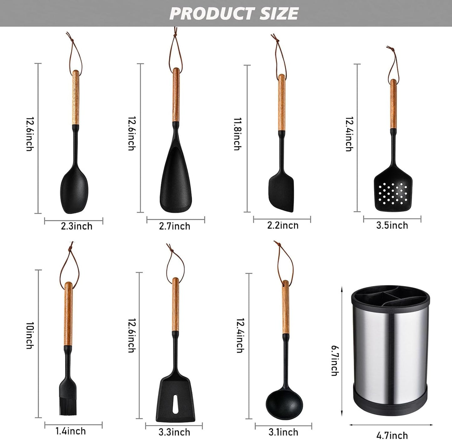 Set 8 Utensilios Cocina Silicona Asa Madera Soporte Antiadherente
