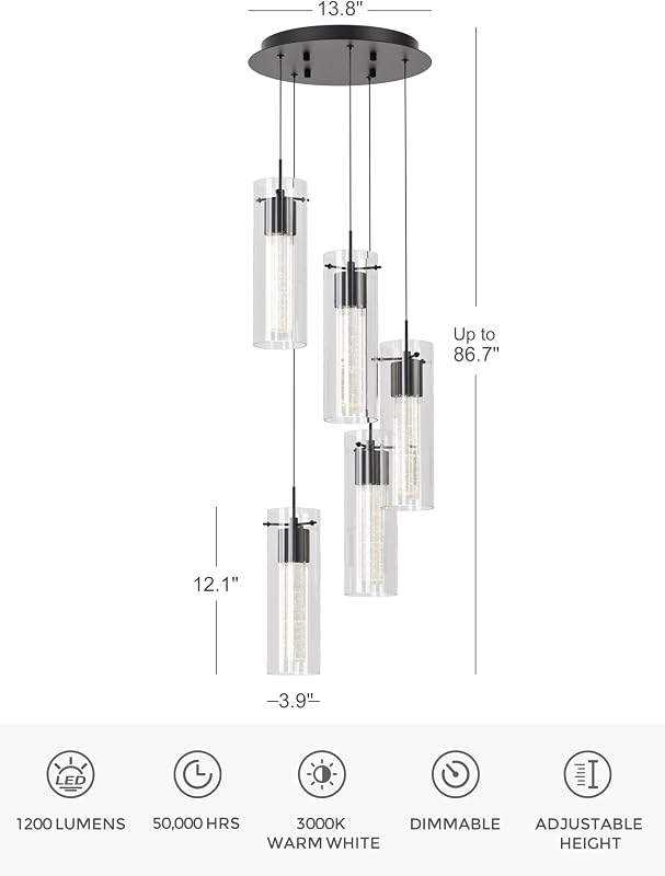 Lámpara techo colgante 5 luces LED cristal burbujas negro