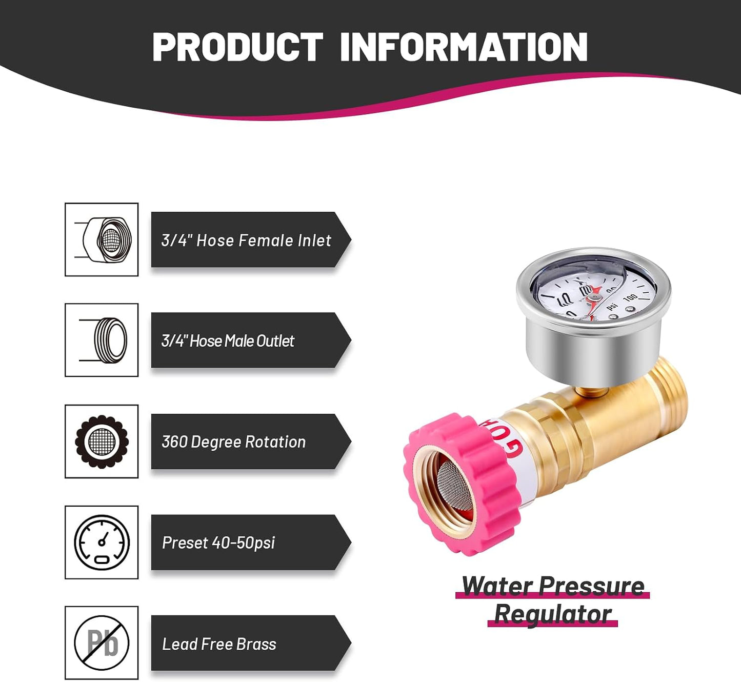 Regulador presión agua latón 40-50psi manguera 3/4"