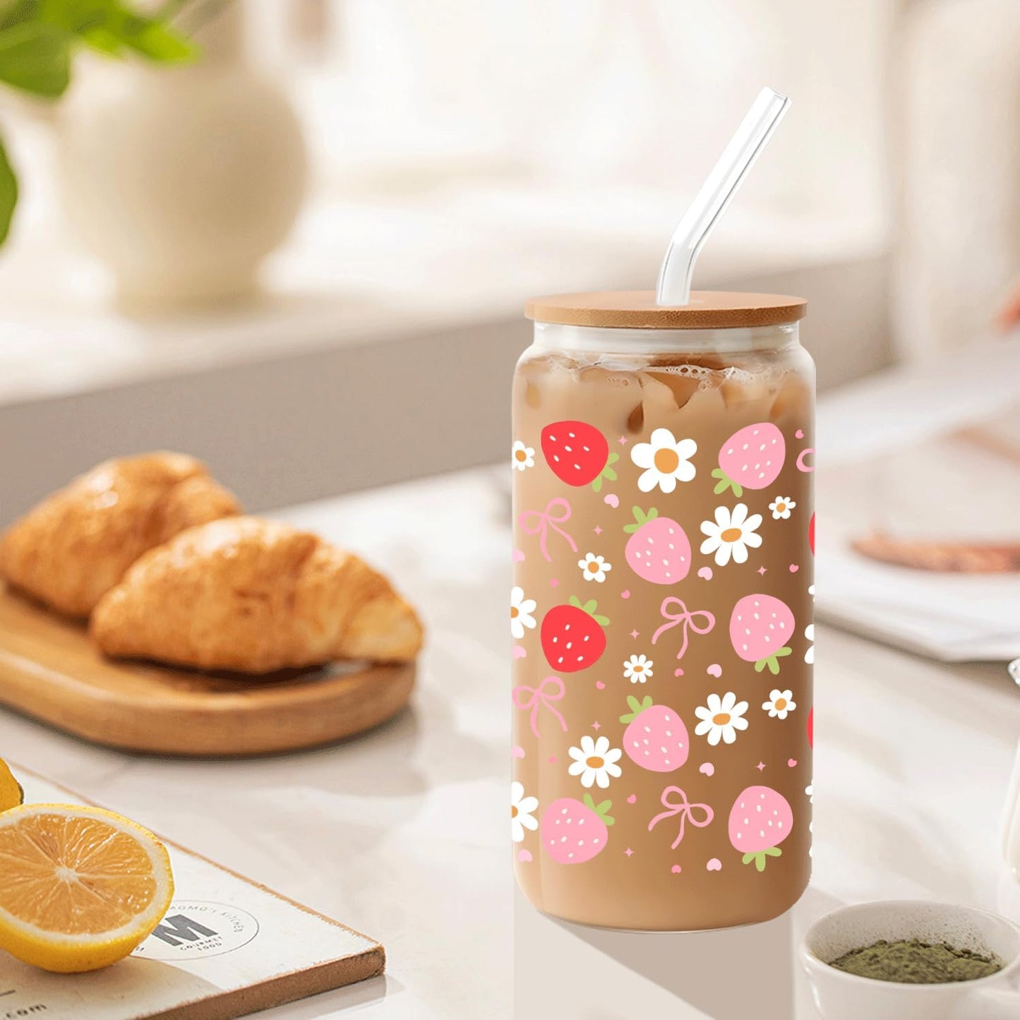Vaso vidrio fresa lazo rosa 14oz