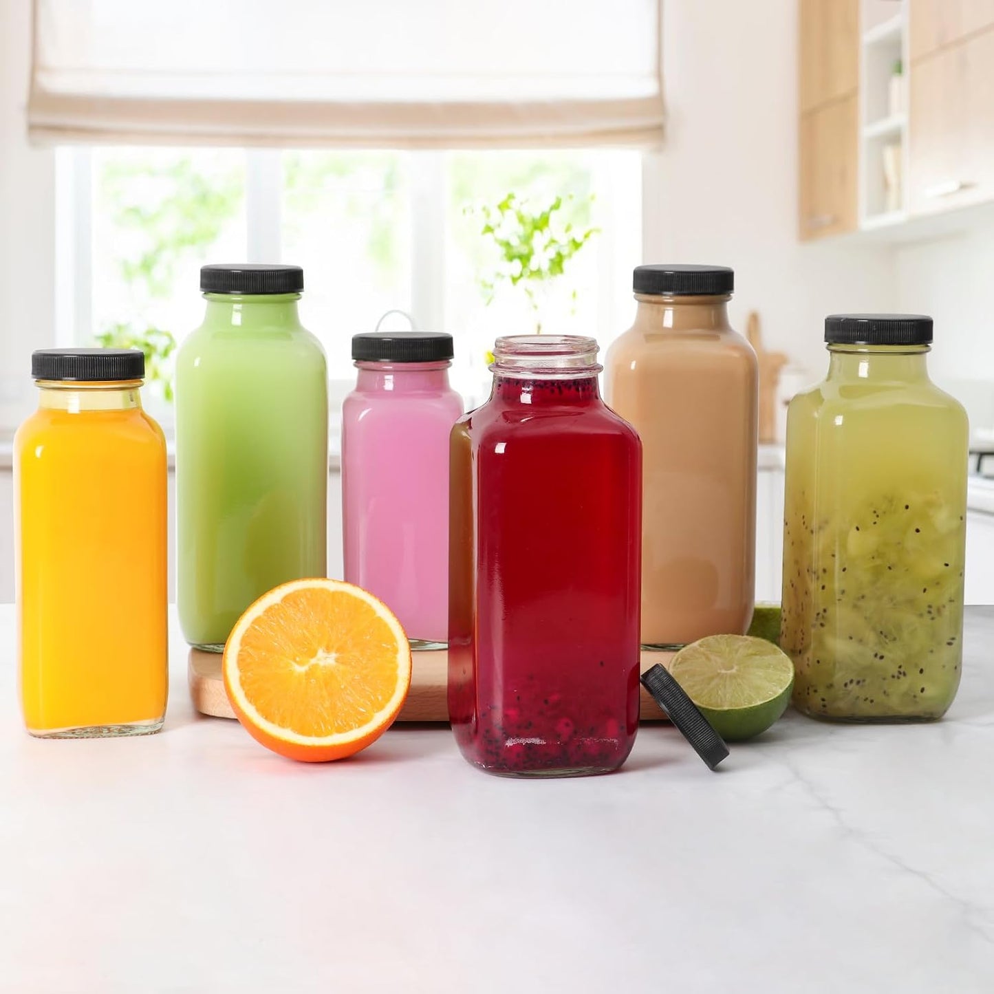 6 Botellas Vidrio 8oz con Tapas Reutilizables para Jugo Agua